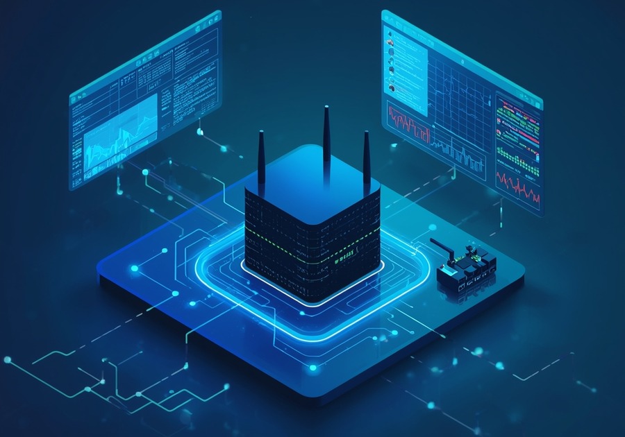 Illustration eines Home-Network Security-Setups mit UDM Pro, Raspberry Pi und Log-Dashboard bei Nacht.
