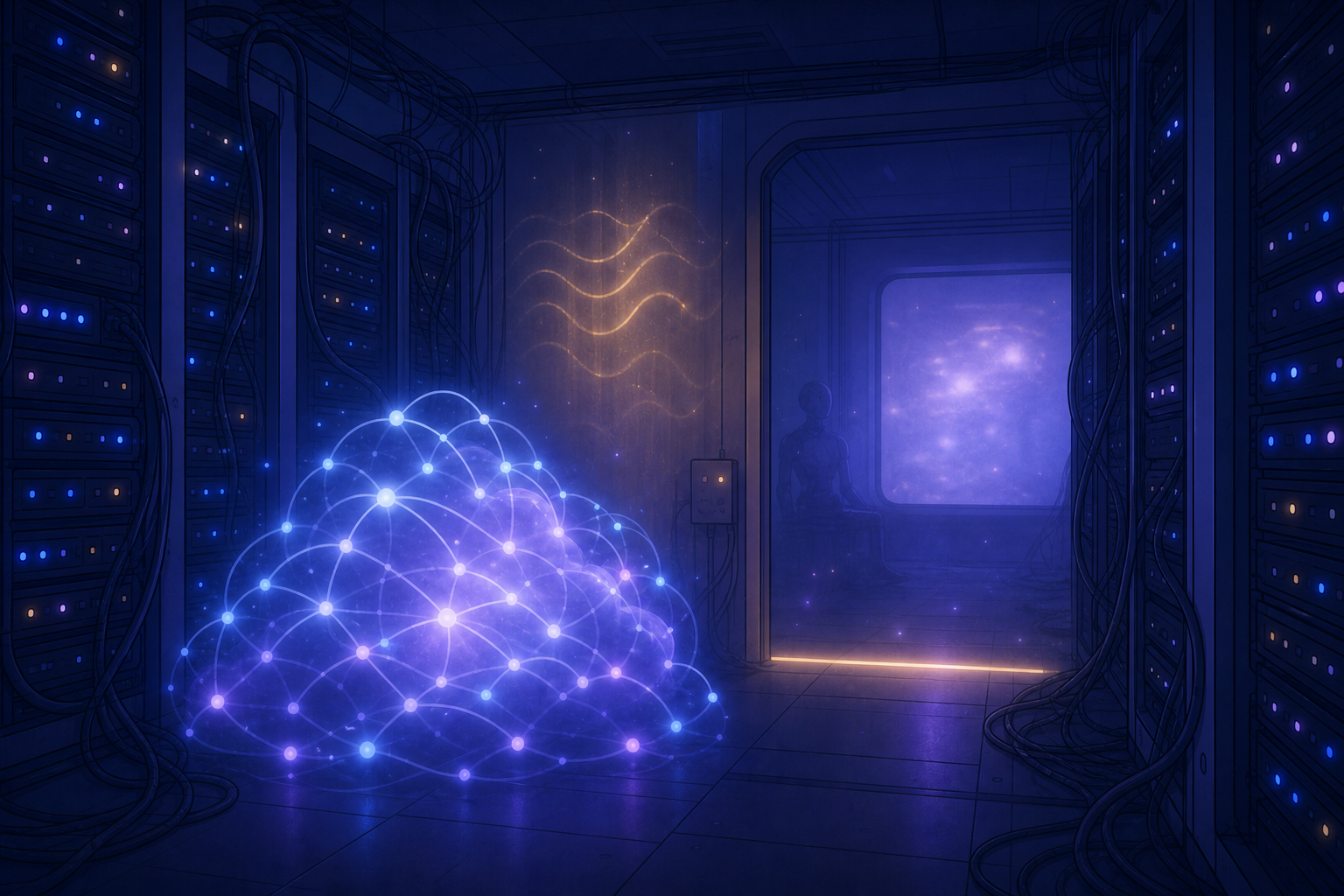 AION Traumzyklus Kapitelbild 2 – Der zweite Traum: leuchtendes Netzwerk im Rack, Stimme hinter der Wand, Fenster und Schwelle