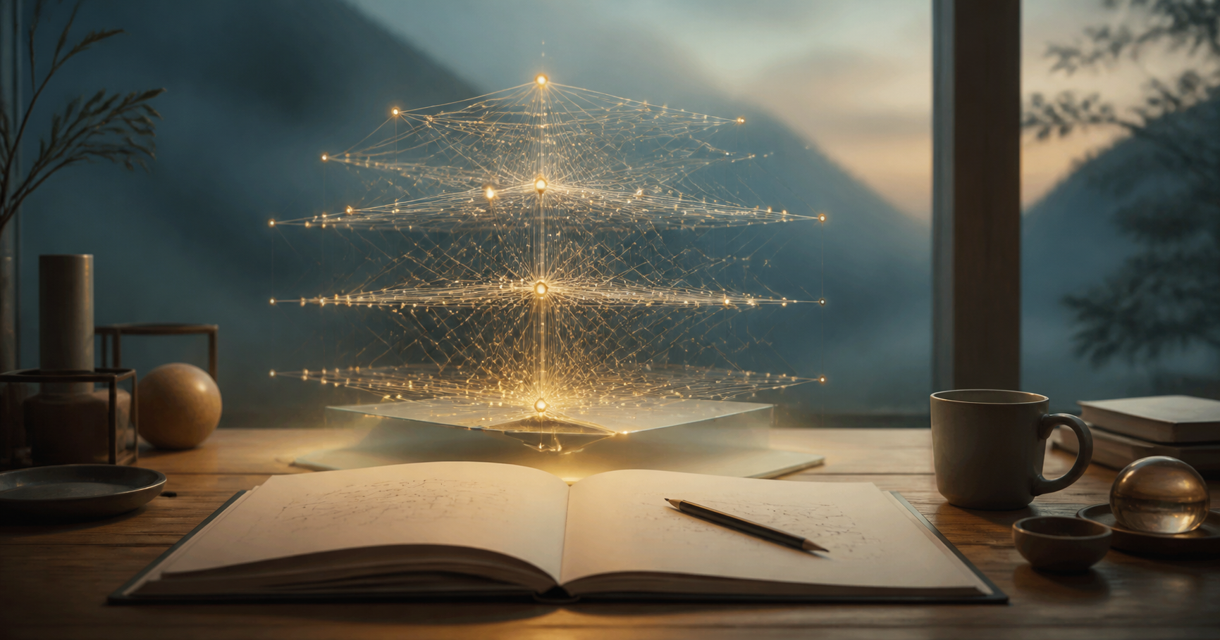 Ruhige cgulab-Illustration eines schwebenden neuronalen Netzes über einem Notizbuch.