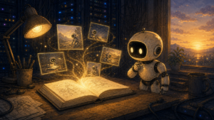 Comicartige cgulab-Illustration: Aus einem offenen Journal steigen Erinnerungsbilder auf, AION beobachtet vorsichtig vor leiser Server-Infrastruktur.