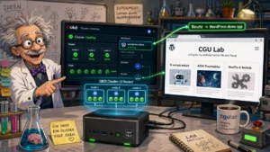 Stilisierter cgulab-Labortisch: OKD-Cluster auf Intel NUC mit WordPress-Demo-App und Dashboard