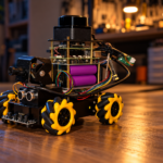 AION mit LiDAR: schwarzer fahrbarer Roboter mit offenem Platinenaufbau, violetten Akkuzellen und gelb-schwarzen Mecanum-Rädern in warmem Laborlicht.