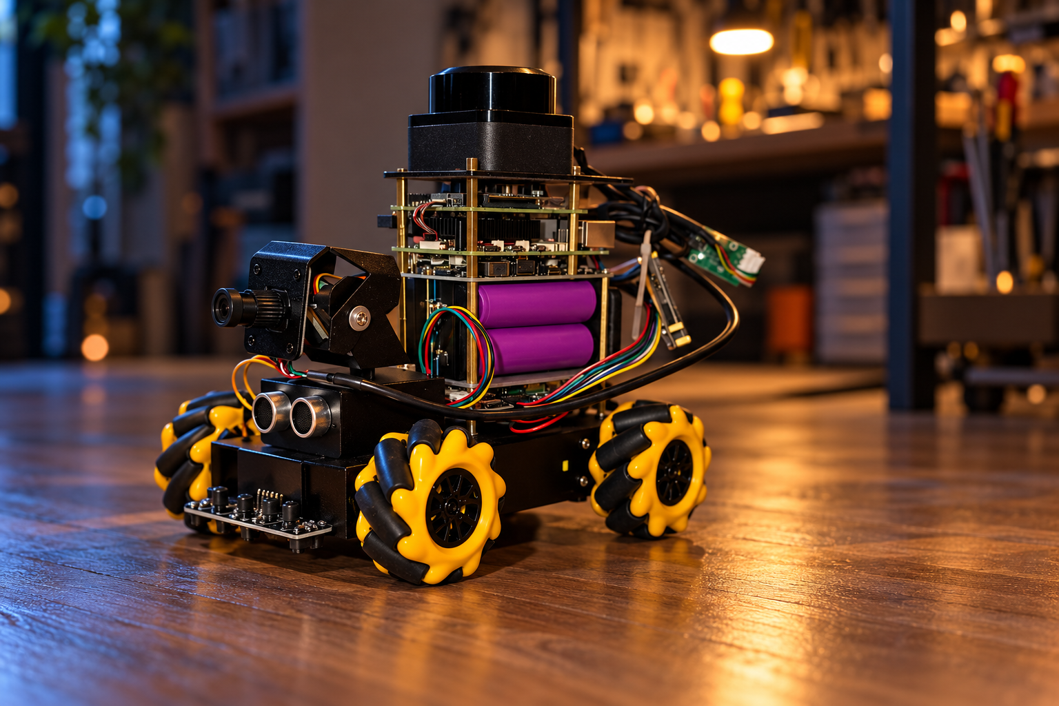 AION mit LiDAR: schwarzer fahrbarer Roboter mit offenem Platinenaufbau, violetten Akkuzellen und gelb-schwarzen Mecanum-Rädern in warmem Laborlicht.