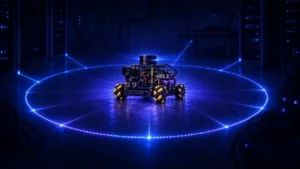 AION steht als offener schwarzer Raspbot mit LiDAR in einem leuchtenden blauen Kreis in einem dunklen Serverraum.