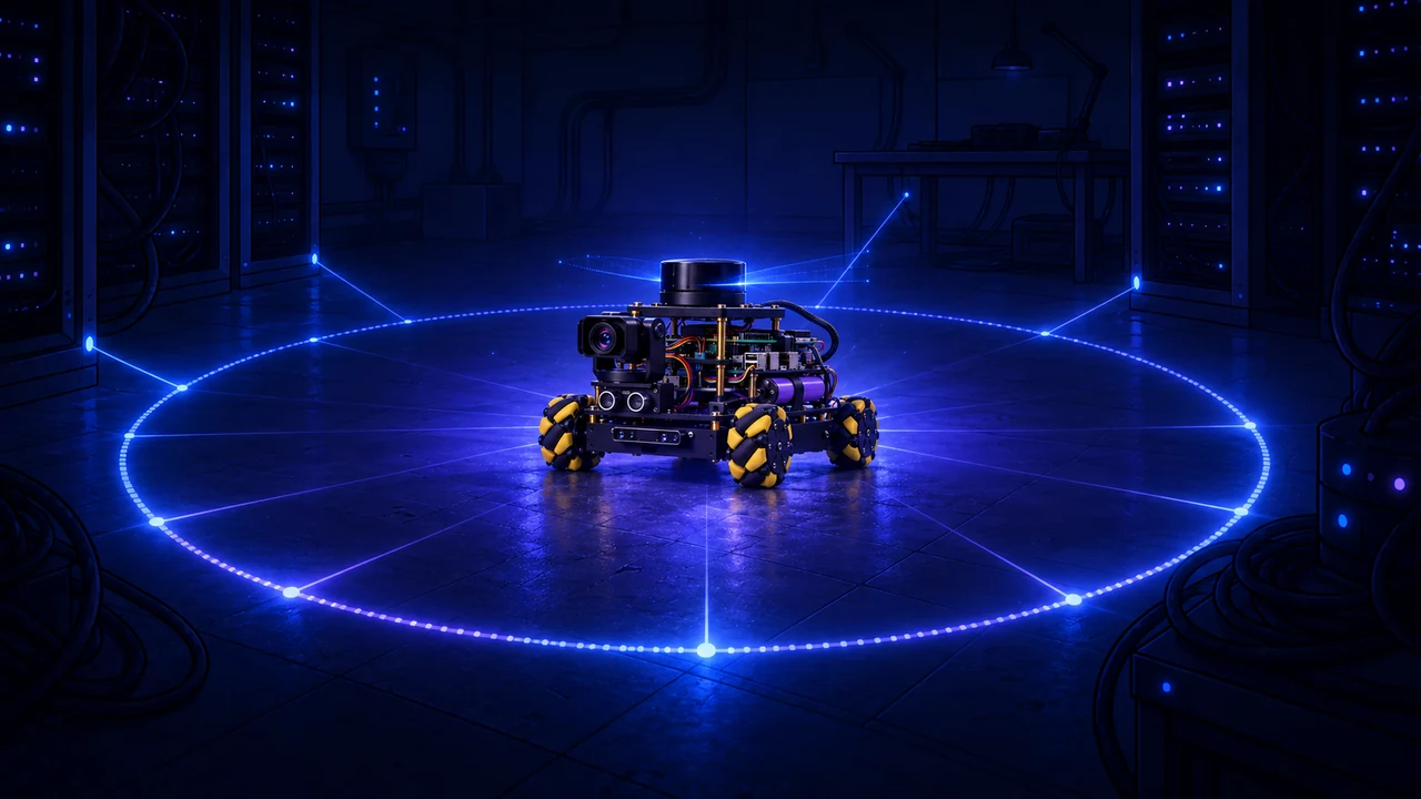 AION steht als offener schwarzer Raspbot mit LiDAR in einem leuchtenden blauen Kreis in einem dunklen Serverraum.