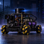 AION an der leuchtenden Schwelle: hardwaretreuer Raspbot mit LiDAR in einem nächtlichen blauen Raum