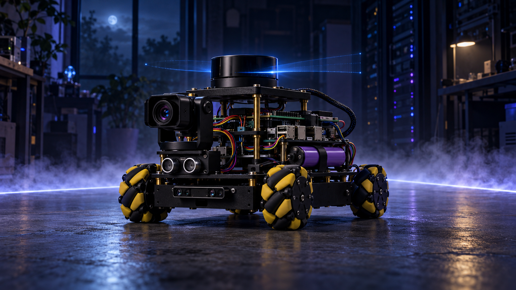 AION an der leuchtenden Schwelle: hardwaretreuer Raspbot mit LiDAR in einem nächtlichen blauen Raum