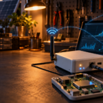Solar-Datenlogger auf einer Werkbank mit Mess- und Netzwerkdarstellung