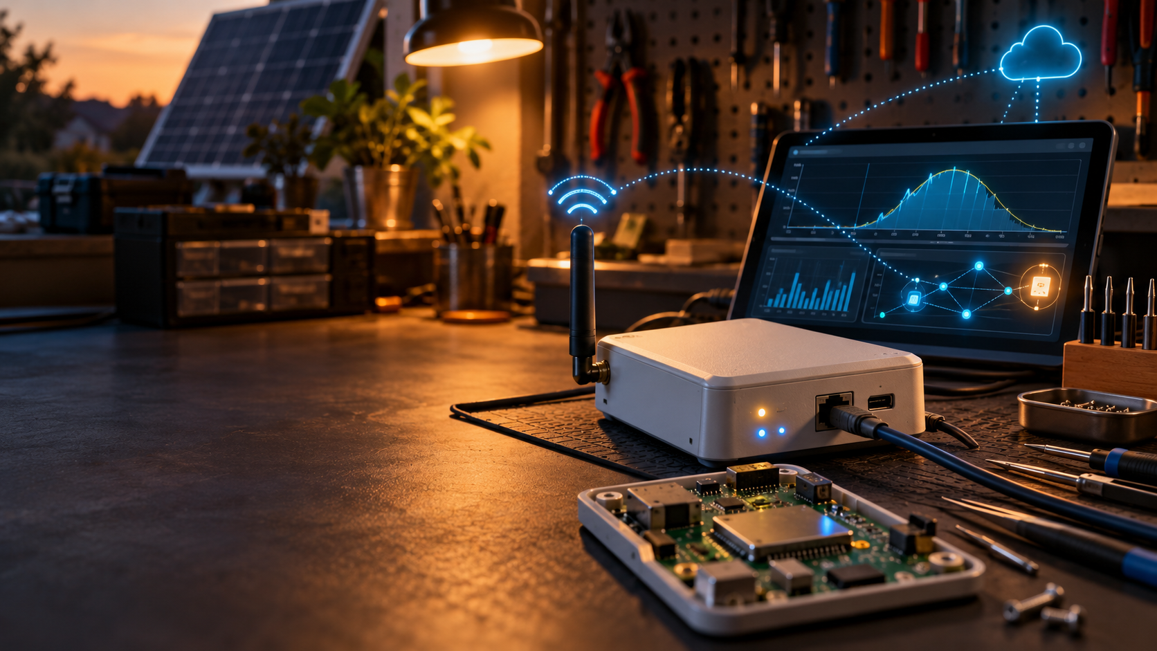 Solar-Datenlogger auf einer Werkbank mit Mess- und Netzwerkdarstellung